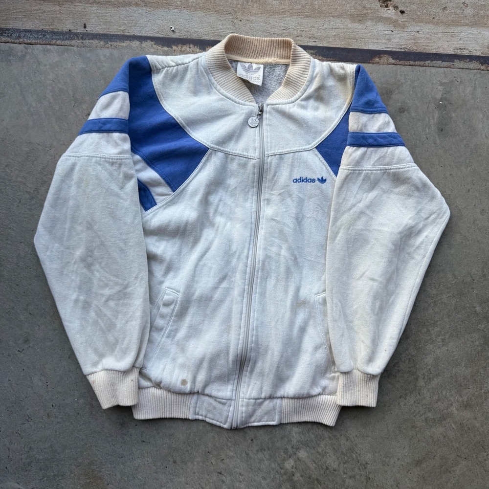 Vintage 80s Adidas Trefoil Track Jacket Cream Blue Full Zip Spellout Back Medium
